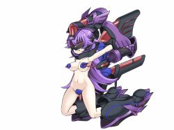 armpits arms_above_head bangs breast_sucking breasts corruption dildo electricity female_only femsub light_skin navel nise_nagi nude open_mouth original purple_hair resisting restrained robot sex_machine simple_background solo spread_legs tech_control tilti_(nise_nagi) tongue trembling vaginal very_long_hair visor white_background
