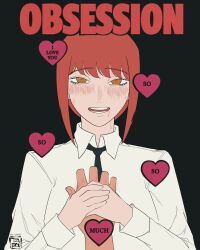  black_background blush chainsaw_man clothed english_text female_only femsub heart heart_eyes looking_at_viewer love makima_(chainsaw_man) male_pov obsession_(movie) office_lady omahjengkie open_mouth pov red_hair shirt short_hair simple_background speech_bubble symbol_in_eyes text tie yandere yellow_eyes 