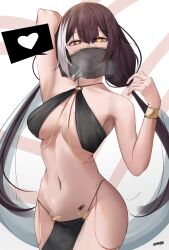  barcode bare_shoulders bracelet breasts breath cleavage dancer dancing eroborne female_only femsub girls_frontline happy_trance harem_outfit heart heart_eyes loincloth midriff multicolored_hair navel ro635_(girls_frontline) signature simple_background smile solo speech_bubble symbol_in_eyes twintails underboob veil very_long_hair yellow_eyes 