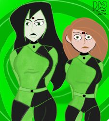  arms_behind_back black_hair bodysuit cameltoe clothed dazed dazed_dames empty_eyes expressionless female_only femsub green_eyes green_skin kim_possible kim_possible_(series) light_skin long_hair microchip multiple_girls multiple_subs orange_hair red_hair shego signature simple_background spiral_background standing tech_control 