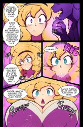  bimbofication black_hair blonde_hair blue_eyes brain_drain breast_expansion comic glasses kobi94 large_breasts speech_bubble text transformation twilight_house unaware 