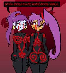  ass bodysuit breasts corruption crimson_lullaby dialogue drone earrings elf_ears female_only femsub glowing glowing_eyes grey_skin long_hair looking_back mothost multiple_girls multiple_subs ponytail risky_boots shantae shantae_(series) speech_bubble standing tan_skin text tribal_tattoo very_long_hair 