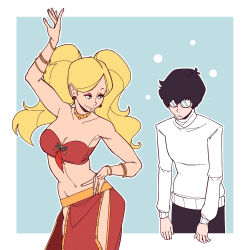  ann_takamaki armpits bare_shoulders black_hair blonde_hair blue_background bracelet clothed ef-nsfw expressionless eyeshadow femdom glasses green_eyes harem_outfit hypnotic_dance joker_(persona_5) malesub midriff navel persona_(series) persona_5 seductive_smile simple_background slouching smile smirk sweater twintails 