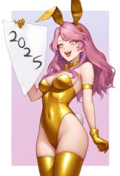 ai_art arm_bands bare_shoulders black_clover border bow bow_tie breasts bunnysuit cleavage cx9000_(generator) earrings fake_animal_ears fake_tail female_only femsub gloves gradient_background happy_trance jewelry long_hair navel new_years open_mouth pink_hair simple_background smile solo spiral_eyes symbol_in_eyes thighhighs thighs tie tight_clothing vanessa_enoteca