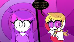 ahoge arms_above_head aura bare_shoulders bell bell_collar blush choker comic english_text eyebrows_visible_through_hair eyelashes female_only femdom femsub hypnoscream hypnotic_eyes jaune_(sr_pelo) lila_(sr_pelo) open_mouth opera_gloves orange_hair ponytail purple_background purple_eyes purple_hair ring_background ring_eyes santa_costume shiny_hair speech_bubble spooky_month straight-cut_bangs surprised white_skin yuri