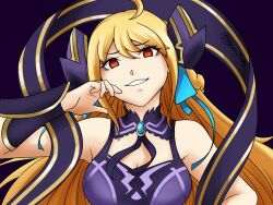  ahoge alkyun alternate_costume blonde_hair clothed corruption cygames dragalia_lost eye_color_change femsub hair_ornament horns long_hair looking_at_viewer morsayati nintendo possession red_eyes royalty spoilers zethia 