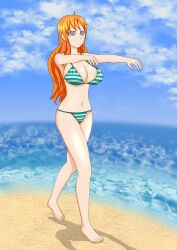  absurdres barefoot beach bikini breasts cleavage expressionless femsub huge_breasts large_breasts midriff nami_(one_piece) one_piece orange_hair soex spiral_eyes swimsuit symbol_in_eyes tagme zombie_walk 
