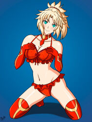  alerith alternate_costume bare_shoulders blonde_hair blue_background blush breasts choker cleavage empty_eyes fate/apocrypha fate_(series) female_only femsub gloves green_eyes happy_trance kneeling lingerie midriff mordred_(fate) navel opera_gloves ponytail signature simple_background smile solo thighhighs 