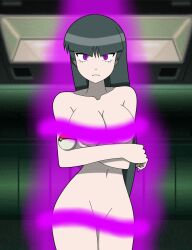  bottomless breasts censored cleavage complex_background female_only femsub glowing glowing_eyes green_hair large_breasts long_hair navel nintendo nude pokemon pokemon_let&#039;s_go purple_eyes sabrina sendy1992 solo standing straight-cut_bangs topless 