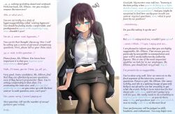  blush caption chair drool female_only femsub glowing glowing_eyes hypnotic_voice legs long_hair manip microui_(manipper) miniskirt office_lady open_mouth panties pantyhose ramchi resisting short_skirt sitting skirt text underwear unhappy_trance 