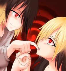 absurdres black_hair blonde_hair drool dual_persona erika_(er-ikaa) evilka expressionless femdom femsub finger_to_mouth glowing glowing_eyes hair_covering_one_eye holding_hands multicolored_hair multiple_persona myuk open_mouth original red_eyes spiral yuri 