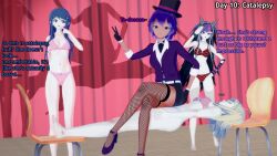 3d ahoge black_hair blonde_hair blue_hair catalepsy consensual dangan_ronpa dialogue english_text female_only hat hypnovember ibuki_mioda kaede_akamatsu koikatsu! liz_b miss_hypnos_(liz_b) purple_hair sayaka_maizono sleeping stage_hypnosis text underwear