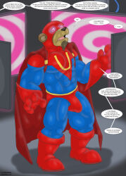  abs bear_boy bulge cape costume cyberklaw dialogue enemy_conversion erection erection_under_clothes furry himbofication hypnotic_screen male_only malesub mask muscle_boy open_mouth original resisting solo spiral_eyes standing super_hero symbol_in_eyes text 