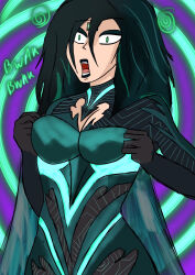 armor black_hair black_lipstick cape chicken_pose clothed femsub green_eyes green_hair hela makeup marvel_comics marvel_rivals microchip shrunken_irises shysketches spiral_background