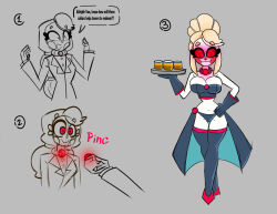  before_and_after charlie_(hazbin_hotel) cleavage collar femsub hazbin_hotel hypnotic_accessory red_eyes speech_bubble spiral spiral_eyes symbol_in_eyes tech_control text theprofileman02 tied_hair tray vox waitress 
