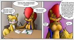  bibla499_(manipper) blue_eyes breasts chipmunk_girl comic femdom furry hypnotic_breasts large_breasts malesub manip miles_tails_prower red_hair sally_acorn sonic_the_hedgehog_(series) spiral text undressing western 