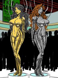 black_hair breasts brown_hair bzurrrf_(colorist) empty_eyes expressionless female_only fembot femsub glowing glowing_eyes long_hair multiple_girls original robot robot_girl robotization shono sketch standing standing_at_attention