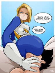 android_18 ass black_hair blonde_hair blue_eyes bodysuit breasts dragon_ball earrings femdom gloves gradient_background hypnotic_ass jewelry large_ass large_breasts malesub resisting sayianslave short_hair sitting_on_face smile speech_bubble text vegeta watermark