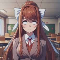 altered_perception brown_hair doki_doki_literature_club empty_eyes femsub hair_ribbon light_skin long_hair looking_at_viewer monika whitewash_eyes