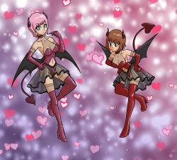 aged_up alternate_costume bandai_namco bare_shoulders boots breasts brown_hair clothed corruption empty_eyes estellise_sidos_heurassein expressionless eye_color_change female_only femsub gloves green_eyes hand_on_hip heart high_heels horns looking_at_viewer midriff mythkaz navel opera_gloves pink_hair rita_mordio see-through short_hair skirt succubus symbol tail tales_of_(series) tales_of_vesperia thigh_boots thighhighs thighs transformation wings