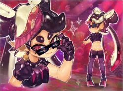  absurdres black_hair callie_(splatoon) crop_top crossed_arms earrings female_only femsub gloves high_heels hypnoshades hypnotic_accessory leggings long_hair looking_at_viewer mole multiple_views nintendo onimiere shirt short_shorts shorts solo sparkle spiral_eyes splatoon symbol_in_eyes tech_control 