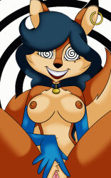  black_hair breasts carmelita_fox female_only femsub fox_girl furry happy_trance hypnosex_(manipper) nude sly_cooper_(series) smile solo spiral_background spiral_eyes verona7881 