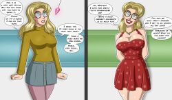 aurora_(jabberwocky) before_and_after blonde_hair breasts cleavage comic crystal domestication dress english_text femsub glasses happy_trance housewife instant_loss large_breasts lipstick makeup necklace original pendulum polmanning skirt speech_bubble stepfordization text