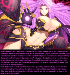 breasts caption cleavage exposed_chest expressionless fate/grand_order fate_(series) female_only femdom glowing gorgon_(fate) large_breasts long_hair looking_at_viewer magic male_pov manip misterman4_(manipper) monster_girl pov pov_sub purple_eyes purple_hair scales snake_girl standing text