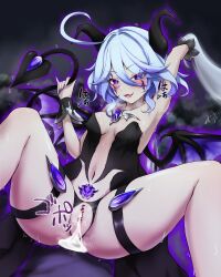  arms_above_head aura bare_legs blue_hair blush body_markings censored corruption crotch_tattoo demon demon_girl drool facial_markings fangs female_only femsub furina_(genshin_impact) genshin_impact glowing_eyes heart horns legs looking_at_viewer nail_polish purple_eyes pussy_juice slit_pupils solo spread_legs succubus sweat tail text thighs translation_request unebabu_(h_unebabu) wings 