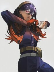 belt carmine_(pokemon) chicken_pose clothed female_only femsub gloves glowing_eyes grey_background hair_band happy_trance long_hair mmocc123 mochi_dance mole multicolored_hair nintendo pants pink_eyes pokemon pokemon_scarlet_and_violet purple_hair red_hair simple_background smile solo t-shirt