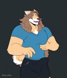 brown_hair bulge dog_boy erection erection_under_clothes furry growth himbofication long_hair male_only malesub melaisen muscle_boy shorts solo spiral_eyes symbol_in_eyes t-shirt transformation