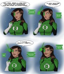 absurdres before_and_after brown_hair comic dc_comics female_only femsub green_lantern green_lantern_(series) happy_trance jessica_cruz pendulum polmanning spiral_eyes super_hero surprised symbol_in_eyes tech_control text