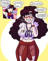  afro ass ass_expansion before_and_after black_hair braces brain_drain breast_expansion breasts choker cleavage clothed cosplay coupytf dialogue female_only femsub freckles glasses hair_growth instant_loss mind_break nerd nerdification pink_eyes sailor_mars sailor_moon_(series) school_uniform smile solo text thick_thighs transformation 