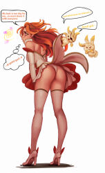 alternate_costume alternate_hair_color alternate_hairstyle ass bent_over dazed dialogue expressionless femsub good_sub_conditioning high_heels humiliation hypnotic_spiral league_of_legends long_hair magical_girl manip miss_fortune_(league_of_legends) open_mouth orange_hair panties raichiyo33 ring_eyes skirt skirt_lift spiral swirlytailedvixen_(manipper) text thighhighs thought_bubble underwear white_background