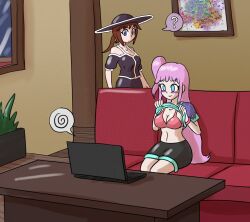  blue_eyes bra brown_hair confused consensual couch danna_(giant93) eyebrows_visible_through_hair female_only femsub happy_trance hat laptop makeup mythkaz niccole_(gaint93) original pink_hair shirt_lift shorts sitting spiral spiral_eyes tied_hair 