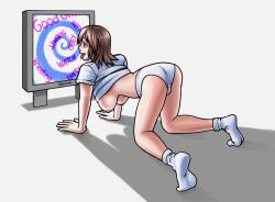  all_fours breasts empty_eyes femsub hanging_breasts hypnotic_screen original sleepymaid socks spiral tech_control text tongue tongue_out 