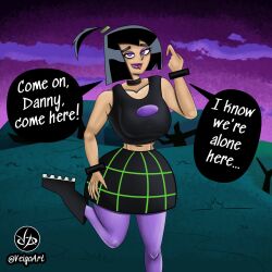  black_hair breasts clothed consensual danny_fenton danny_phantom_(series) dialogue english_text eyeshadow large_breasts lipstick looking_at_viewer makeup nickelodeon outdoors ponytail purple_eyes purple_lipstick sam_manson speech_bubble text tongue tongue_out veigoarts 