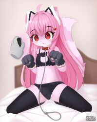  ahoge bed bedroom bra cat_lingerie cleavage_cutout collar cum dakeneshi dazed fox_girl furry gloves hairpin horns hypnotic_app hypnotic_screen kneeling leash lingerie long_hair phone pink_hair red_eyes tail underwear 