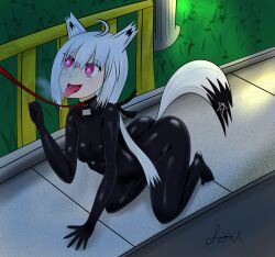 absurdres all_fours begging bodysuit collar female_only femsub fox_ears fox_girl fox_tail fubuki_shirakami happy_trance heart heart_eyes hololive latex leash long_hair outdoors pet_play red_eyes soul symbol_in_eyes tongue tongue_out virtual_youtuber white_hair