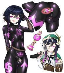  absurdres alternate_costume anus ass balls belt blue_hair body_markings bodysuit bow bulge butt_plug chastity collarbone corruption crotch_tattoo cum cum_on_face cum_on_hair enemy_conversion femboy flower_in_hair genshin_impact glowing_eyes hair_ornament happy_trance hat hilichurl_(genshin_impact) hypnotic_accessory licking_lips light_skin looking_at_viewer male_only malesub mastersprouts masturbation multicolored_hair navel nipples pink_eyes pink_hair saluting simple_background smirk solo tongue transformation twin_braids venti_(genshin_impact) white_background wide_hips x-ray 