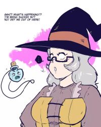 corruption corset dungeons_and_dragons empty_eyes expressionless femsub glasses grey_hair hat hypnotic_accessory magic open_mouth possession shishikasama text western whitewash_eyes witch witch_hat