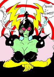  breasts cleavage cyl4s dialogue disney drool female_only femsub freckles green_skin lord_dominator pendulum short_hair solo spiral text wander_over_yonder 