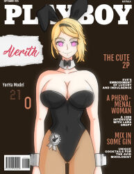 alerith alternate_costume bare_shoulders blonde_hair breasts bunny_ears bunny_girl bunnysuit choker cleavage clothed cover cuffs english_text fake_animal_ears female_only femsub large_breasts nier_automata operator_21o smile solo spiralwash_eyes square_enix text