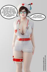 3d anonymind_(manipper) blue_eyes bottomless breasts comic dialogue expressionless female_only femsub garter glowing glowing_eyes hat large_breasts manip mavixtious mei_(overwatch) moira_o&#039;deorain nurse overwatch pov standing standing_at_attention syringe tech_control text