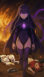 ai_art cape corruption crystal death fern_(frieren:_beyond_journey&#039;s_end) frieren frieren:_beyond_journey&#039;s_end glowing_eyes johntrent05_(generator) leggings leotard magic stark_(frieren:_beyond_journey&#039;s_end)