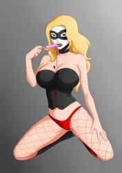  absurdres alternate_costume batman_(series) black_canary black_lipstick blonde_hair blue_eyes boots breast_expansion breasts cleavage collar corruption corset dc_comics enemy_conversion female_only femsub fishnets happy_trance huge_breasts ice_cream knee-high_boots kneeling large_breasts legs lipstick long_hair makeup oo_sebastian_oo panties popsicle super_hero tattoo tongue tongue_out underwear western 