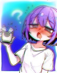  ai_art bangs black_eyes blue_background blush confused dazed drinking drool drugged drunk female_only femsub green_background hypnotic_drink jinio_(generator) open_mouth pink_hair purple_background purple_hair shirt short_hair spiral spiral_eyes standing swaying t-shirt tears yodayo_(ai) 