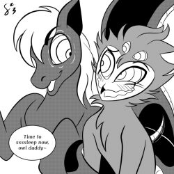 dialogue feger23 helluva_boss hypnotic_eyes kaa_eyes male_only maledom malesub mesme_rize_(mesme_rize) open_mouth original owl_boy sleep_command snake_boy speech_bubble stolas_(helluva_boss)