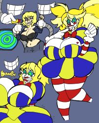  absurdres blonde_hair breast_expansion breasts clown clown_girl clownification femsub happy_trance huge_breasts hypnotic_screen large_hips lordebonfuze makeup ring_eyes thighhighs transformation white_skin 