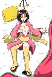 absurdres bakemonogatari bed black_hair breasts breasts_outside choker coin dazed drool female_only femsub kimono large_breasts open_clothes open_mouth panties pendulum pillow short_hair symbol_in_eyes thighhighs tsukihi_araragi underwear yellow_eyes zombietwink62